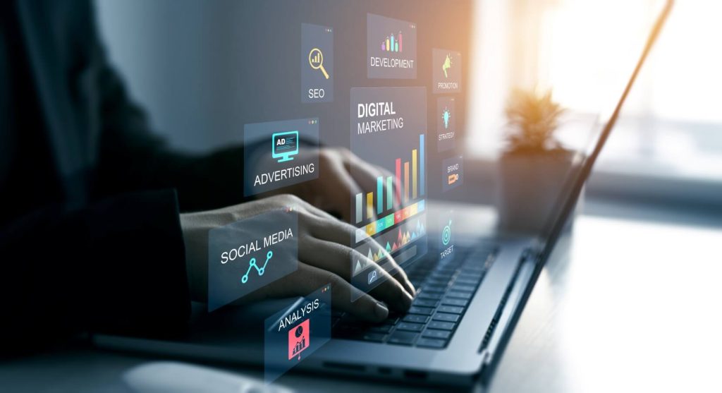 Social media engagement and digital marketing concept for a performance-driven digital marketing agency, showcasing content creation, audience interaction, social media management and AI-powered strategies to build relationships and increase online sales.