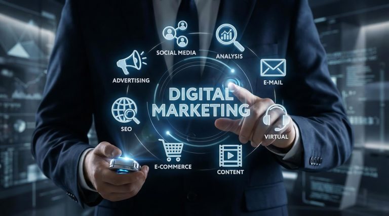 Digital marketing technology concept featuring SEO, social media marketing, online advertising and search engine optimisation strategies to improve website visibility and business growth by Alvo Digital.