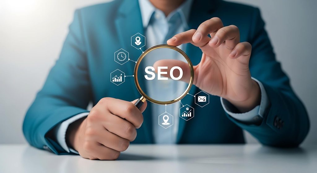 Magnifying glass focused on an SEO symbol representing search engine optimisation, digital marketing strategy, website visibility and organic search growth by Alvo Digital.
